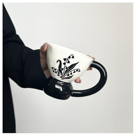 Keramik High-Foot Mug Kontrastfarbe Haushalt Trinkwassertasse Kaffee Souvenir 400 Ml Milchtee Home Office Couple (Weiße Glockenblumen,400ml)