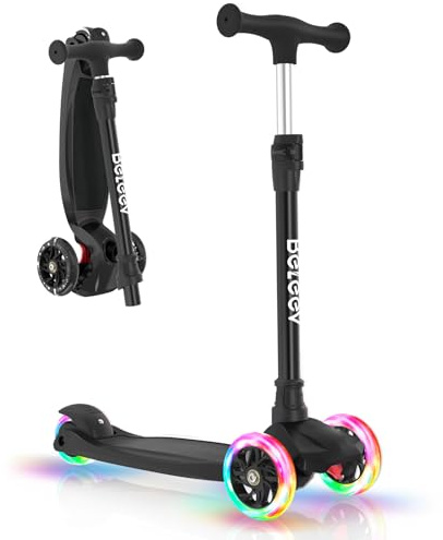BELEEV A3 Roller Kinder 3 Jahre, 3 Räder Scooter Kinder mit LED Leuchtende Räder, 5 Höhenverstellbare, Lean to Steer, Rutschfestes Deck, Premium Kinderroller 3-12 Jahre Mädchen Jungen, Dreiradscooter