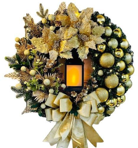 Christmas Wreaths for Front Door with Light & Bow Ribbon 12 Christmas Wreath Creative Artificial Door Wreath Golden, Outdoor