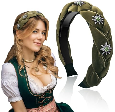Ivrmtal Trachten Haarreif Samt – Dirndl Haarschmuck mit Edelweiss Strass, Geflochtenes Breit Haarband für Oktoberfest, Vintage Gepolsterte Haarreifen Eleganter Mode Kopfschmuck für Damen und Mädchen