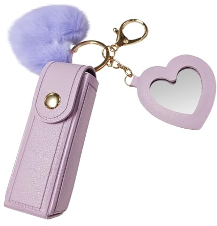 Xirlivpc Chapstick Holder Keychain, 2pcs Lipstick Case with Mirror, Lipgloss Case for Girls Birthday Gift, Leather Key Holder (Purple)