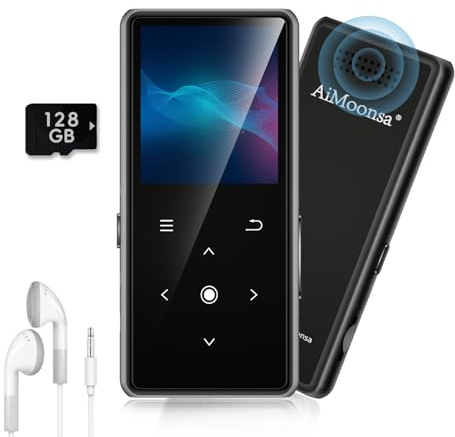 128GB MP3 Player with Bluetooth 5.2, AiMoonsa Music Player with Built-in HD Speaker, FM Radio, Voice Recorder, HiFi Sound, E-Book, Earphones Included