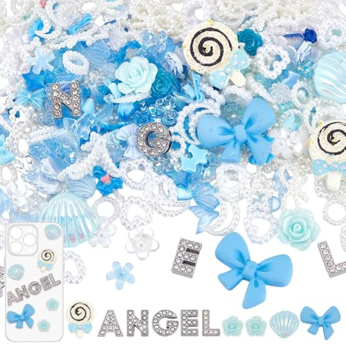 SUNNYCLUE Handyhüllen Charm Set DIY Handyhüllen Set Strass Alphabet Buchstaben Initialen Schiebe Charms Kunstperlen Blaue Schleife Floridn Harz Cabochons Zubehör Für Die Individuelle Gestaltung von Hü