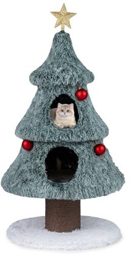 SOARS Kratzbaum Weihnachten, 123 cm Katzenbaum mit 2 Höhlen, Kratzsäule, 18 cm dickem Stamm, Hängebällen, Katzenkratzbaum Weihnachtsbaum, Kletterbaum für Katzen