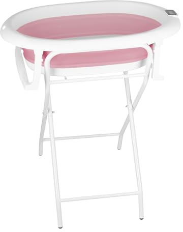 Mul-Bobutica - Bañera plegable para bebé, con soporte, termómetro 2.0, asiento y kit de drenaje, bañera de bebé sobre pie, apto para bebés de 0 a 3 años (rosa)