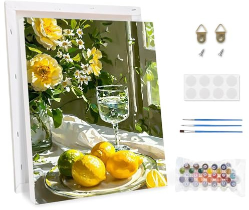 CEOVR citroner måla efter siffror vuxna med ram, gör-det-själv handmålad oljemålning kit för nybörjare, frukt och blommor måla med siffror, kit med penslar och akrylfärger 30 x 40 cm