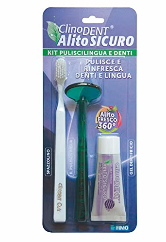 Clinodent Alito Sicuro - Kit puliscilingua e denti composto da pulisci lingua, gel dentifricio alito sicuro agli olii essenziali e spazzolino