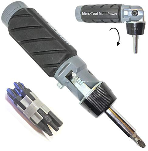 Heavy Duty RATCHETING SCREWDRIVER - ADJUSTABLE ANGLE - 3 Way Ratchet - NONSLIP Big Rubber Grip - Multibit Storage w/Ph Hex Torx Bits | Durable Portable Screw Driving Solutions from Mars-Tool