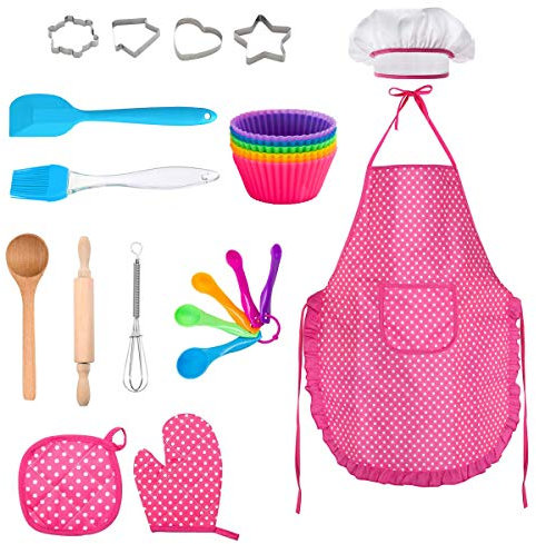 FUQUN 24 Stücke Chef-Set Koch-und Backset für Kinder, Backset Rollenspiele maßgeschneiderte Schürzen, Kochmützen, Handschuhe Chef Set, Kinderküche Zubehör, Kinder ab 8-12