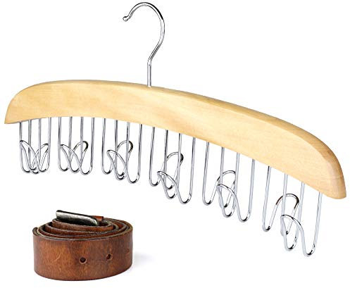 The Hanger Store Solid Wooden Belt and Scarf Space Saving Storage Hanger - 12 Chrome Hooks for Belts, Ties, Scarves, Accessories