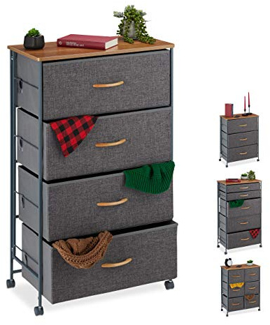Relaxdays Schubladenschrank mit Rollen, 4 Stoff Schubladen, grau | Deko Stoffschrank, Holzoptik, HBT 93 x 58 x 30 cm