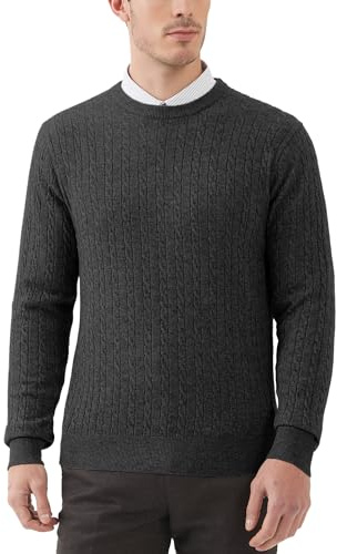 Kallspin Men's Cable Knit Crewneck Sweater Pullovers Wool Blend Relax Fit Knitwear (Charcoal, Large)
