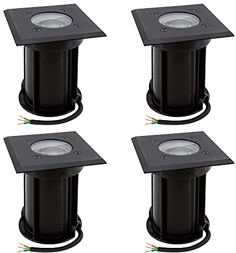 linovum BOQU Lot de 4 spots de sol IP67 Noir avec LED GU10 3 W Blanc chaud - 4 lampes encastrables au sol orientables 230 V avec câble.