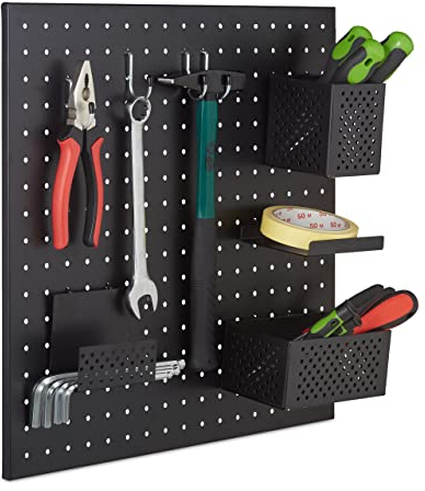 Relaxdays Pannello Portautensili con 9 Accessori, Parete con Ganci Porta Utensili e Fori, Parete Banco da Lavoro, Nero