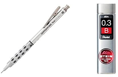 Pentel PG1013-E GraphGear1000 Druckbleistift 0,3 mm Strichstärke, Edelstahlgehäuse, 4 mm Minenführung, Radierer (Z2-1N), 1 Stück & C273-BO AIN STEIN Feinmine, 0.3 mm, Härtegrad B oder 15 Minen