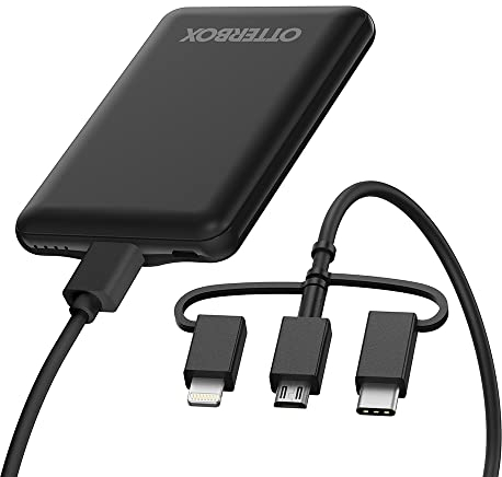 OtterBox Power Bank, 5000 mAh Portable Charger with USB-A 10W and Micro-USB 10W Output, LED Indicator, Slim, Durable Design with Drop Protection, Includes 3 in 1 Charging Cable, Black