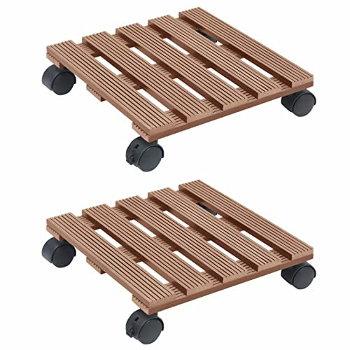 Tidyard 2 STK. Pflanzenroller mit Bremse Untersetzer Blumenroller Transportroller Rollbrett Kübelroller Transport Blumen Topf Roller Rund WPC Braun 30x30x7,5 cm