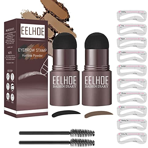 Kit per Sopracciglia Timbro 2 Pezzi, Stencil con 2 Pennelli Matita e 10 Stampi, Powder per Sopracciglia, Waterproof, Colorazione Velocemente (Nero+Marrone scuro)