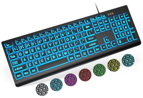 SABLUTE K11PRO Clavier rétroéclairé à grande impression, clavier d'ordinateur filaire USB avec 7 couleurs et 4 modes rétroéclairés, touches de lettres surdimensionnées, faciles à voir et à saisir