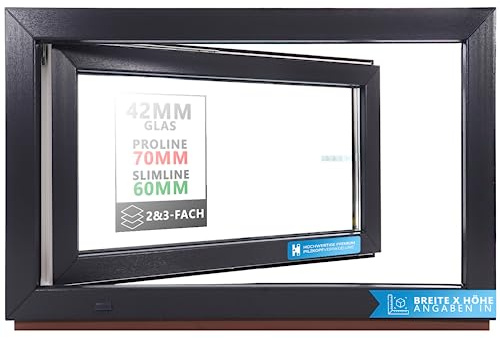 Kellerfenster Kunststofffenster anthrazit, BxH: 65 x 45 cm / 650 x 450 mm Verglasung (32 mm) Dreh-Kipp inkl. Pilzkopfverriegelung, DIN Rechts (Griff Links), 60 mm Profil