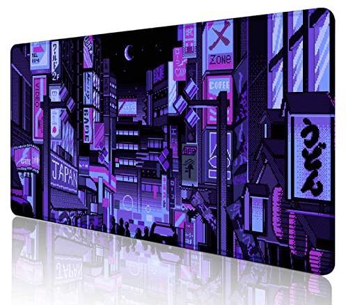 SXCKANG Dunkelviolett japanische Anime Schreibtischmatte, Retro Vaporwave großes Gaming Mauspad für Laptop Computer, XXL Skyline City Mousepad,31.5x15.7 Zoll