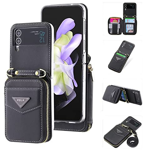 ESONG Coque pour Samsung Galaxy Z Flip 4 avec cordon,Cuir PU de portefeuille etui avec Fente pour Carte/support,Antichoc Protecteur Crossbody Housse,Protection téléphone Case Cover pour fille-Noir