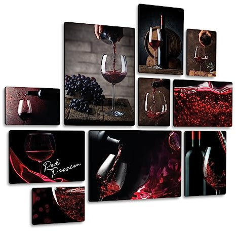 Giallobus - Conjunto de 10 Pinturas de Paneles múltiples - Red Wine - Madera de MDF - | 2 x 42x29,7cm | 4 x 29,7x21cm | 4 x 21x14,85cm | - Listo para Colgar - Cuadros para el hogar Moderno