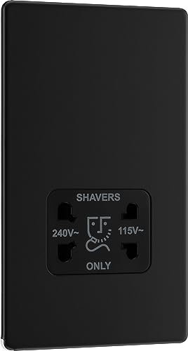 BG Electrical Dual Voltage Shaver Plug Socket, Electric Toothbrush Charger Socket for Bathrooms, Screwless Front Plate, Premium Flatplate, 2-Pin, Matt Black, 115V / 240V, FFB20
