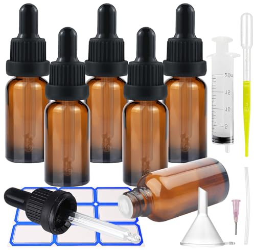 Impoditiongs 6 Stück 20ml Pipettenflasche, Apothekerflasche mit Glaspipette mit Schwarzer Pipettenkappe Inklusive, für Ätherische Öle Parfüm Lösungen DIY-Probenmischungen (Braun, 20ml)