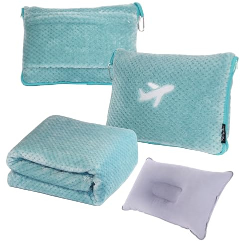 Nenolix Set coperta da viaggio 3 in 1, coperta da viaggio spessa 350 g/m², con borsa, borsa morbida con tasca, cuscino gonfiabile, per campeggio e viaggi in auto (verde menta)