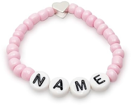 Baby Armband | Perlenarmband mit Namen | Stretcharmband | Namensarmband | Babyarmband | Taufarmband | Geburtsarmband | Namensbändchen (Rosa | Schwarz auf Weiß)
