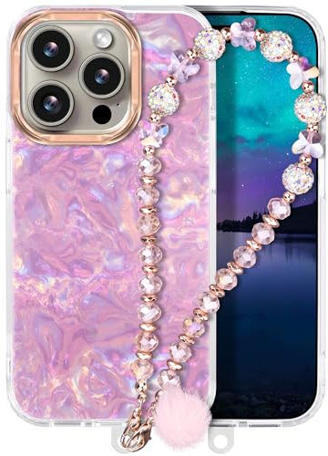 Compatible with iPhone 15 Pro Max Case for Women Girls, Slim Fit Glitter Cute Phone Case for iPhone 15 Pro Max with Butterfly Phone Charm Lanyard Wrist Strap, Hard Protective Case 6.7 Inch Shiny Pink