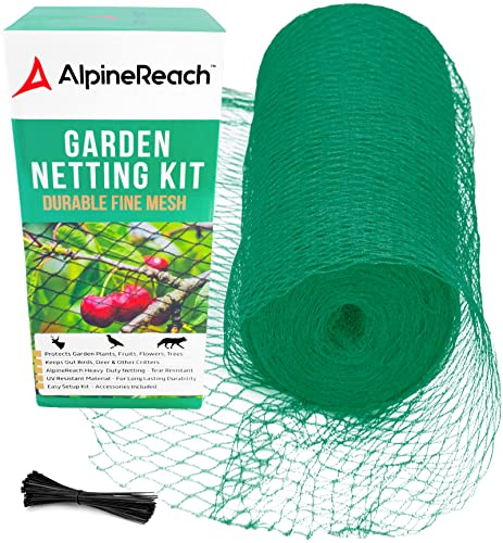 AlpineReach 4,5m x 15m Vogelschutznetz Gartennetz Feinmaschig (15 x 15mm) Extra Starke Gewebtes Netz, Vogelnetz, Obstbaumnetz, Katzennetz, engmaschig Laubnetz, Kabelbinder, Wiederverwendbar, Grün