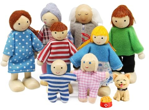peiyee 8 Stück Puppenhaus Puppen,HöLzerne Puppenhaus Puppen Familie Set Mit Hund,Puppenhau Figuren Holz,Puppenfamilien FüR Kinder Spiel Haus Geschenk Holz