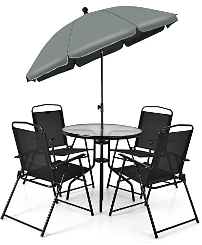 GIANTEX 6 TLG. Gartenmöbel Set, Terrassenmöbel Outdoor mit Sonnenschirm, Gartentisch mit 4 Klappstühlen, Balkonmöbel für 4 Personen, Garten Sitzgruppe Gartengarnitur aus Metall & Textilene-Stoff