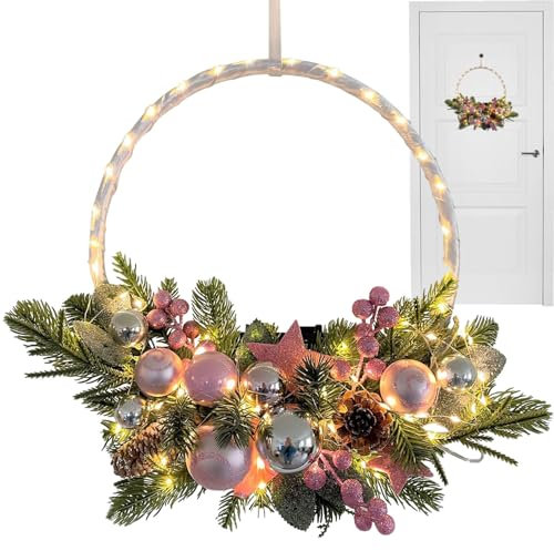 Beleuchteter künstlicher Weihnachtskranz - Winterlicher LED-beleuchteter künstlicher Kranz für die Tür,Beleuchteter künstlicher Weihnachtskranz mit Timer-Kugeln und Lichtern für die Shenrongtong