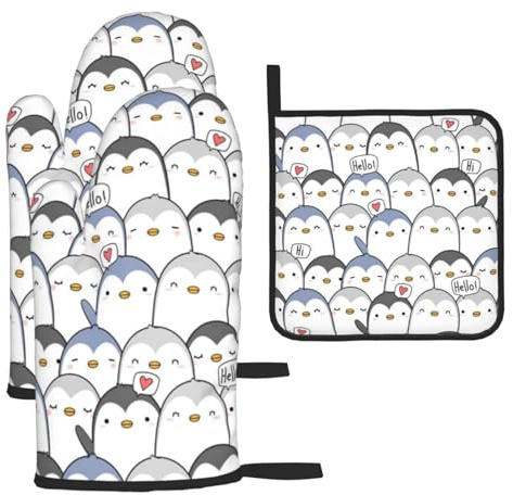 VANANI Hitzebeständige Ofenhandschuhe und Topflappen mit Pinguin-Druck, wasserdicht und langlebig. Für Küche, Grillen und Backen.