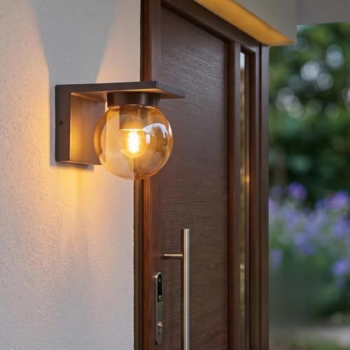 HOFSTEIN Außenwandleuchte Aquin, Außenwandlampe aus Metall/Glas in Anthrazit/Bernsteinfarben, moderne Wandleuchte abwärts außen mit Glasschirm, E27, IP44, Garten, Hof, Außenbereich, Haustür