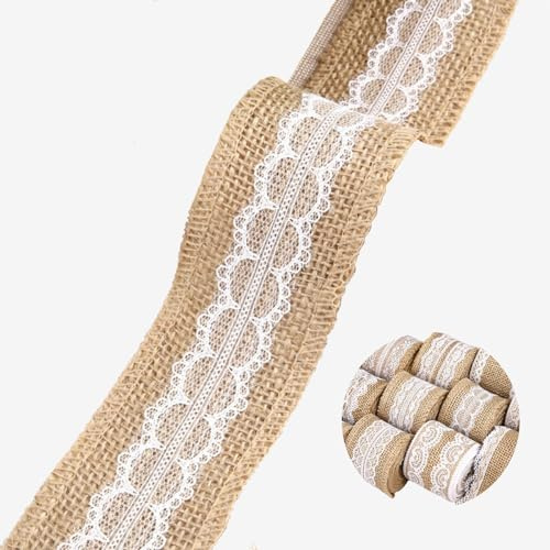 HSTWODE 10M Juteband mit Spitze, 5 cm breit Natürliche jute Bänder und Spitze, Weißer Spitze Natürlich Dekoration Für Geburtstag Hochzeit Party, Weihnachten Dekoration (Stil 2#)