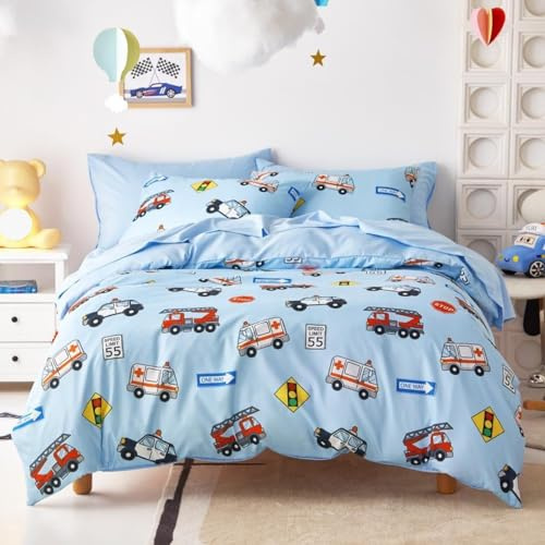 Freyamy Kinder Bettwäsche 135x200 Blau Bunt Cartoon Auto Kinderbettwäsche | Jungen Bettwäsche-Sets, 2teilig Babybettwäsche, Microfaser ÖKO-TEX Bettbezug mit Reißverschluss und Kissenbezug 80x80cm