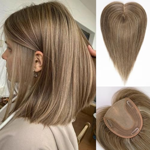 HAIRCUBE Echthaar-Haarteil ohne Pony für Damen，5x5,5 Zoll Basis，14 Zoll Hellbraun，zur Deckung von grauen Ansätzen und dünner werdendem Haar