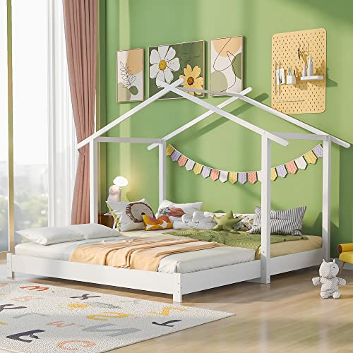AYOROF Hausbett 90/180 x 190cm, Holz Kinderbett für Jungen & Mädchen Massivholz Kinder Bett umbaubar Bodenbett mit Lattenrost, weiß