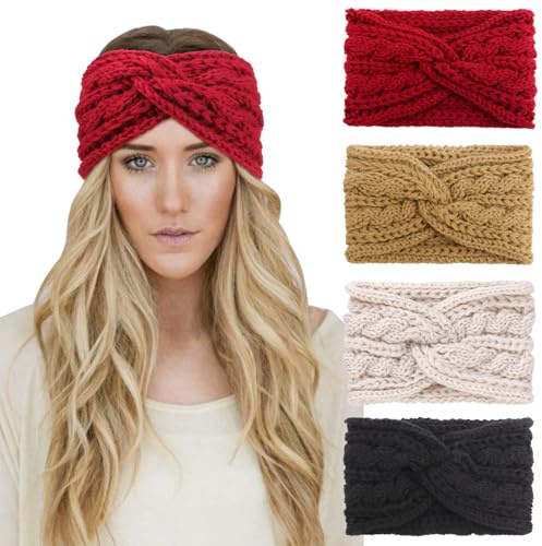 DRESHOW 4 Pièces Bandeau Cheveux pour Femme Bandeaux Hiver Serre-Tête Tricoté Oreille Réchauffeur Chaud Noué Bande Elastique Cheveux