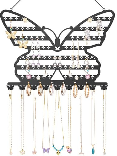 NiHome Butterfly Wall Mounted Jewelry Organizer, Decorative Metal Earring and Necklace Holder for Bedroom, Vanity, or Closet, Stylish Organizer with Easy Hanging for Fashion Lovers (Black)