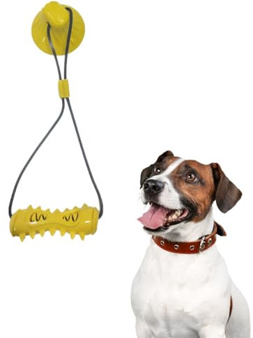 Rangebow Pets Teeth Grinding Stick Toy with Suction Cup for Aggressive Chewers Tough Rubber Toy for Boredom & Dental Cleaning Treat Dispensing Interactive Toy for Medium Large Dog (Yellow)
