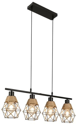 FORCOSO Pendelleuchte Esstisch 4 Flammig, Esszimmerlampe Schwarz Metall Juteseil Hängelampe E27 Esstischlampe Hängeleuchte Höhenverstellbar, Industrie Vintage Küche Esszimmer Esstisch Lampe Hängend