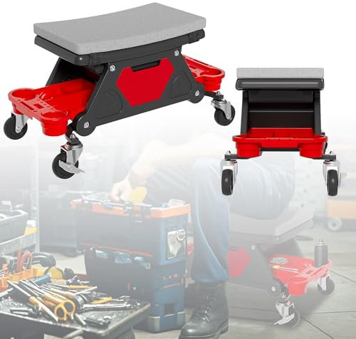 XMTECH Werkstatthocker Werkstatt Rollsitz, Fahrbarer Werkstattsitz Tragfähigkeit 150 kg, Montagehocker mit 360° Drehbare Rollen und 2 Ablagen