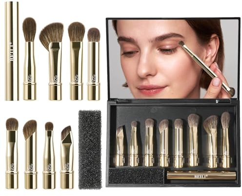 BEILI Pinceaux Maquillages Lot De 8 Pinceaux De Maquillage Portables à Double Extrémité Pour Fard à Paupières, Estompeur, Pinceaux à Lèvres Avec Boîte Miroir-Or