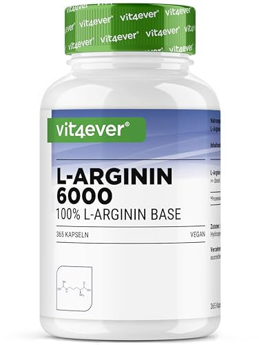 vit4ever L-Arginin - 365 Kapseln - 6000 mg reines L-Arginin pro Tagesdosis - Hergestellt durch pflanzliche Fermentation - Hochdosiert, ohne unnötige Zusätze, vegan