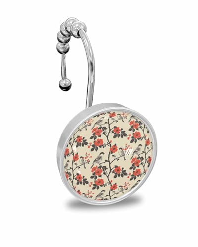 Shower Curtain Hooks Set of 12, Nature Plant Tree Branches Birds Red Flowers Crystal Glass Showers Curtains Rings, Bathroom Decorative Rod Stainless Steel Rust Proof Roller Hangers Hook
